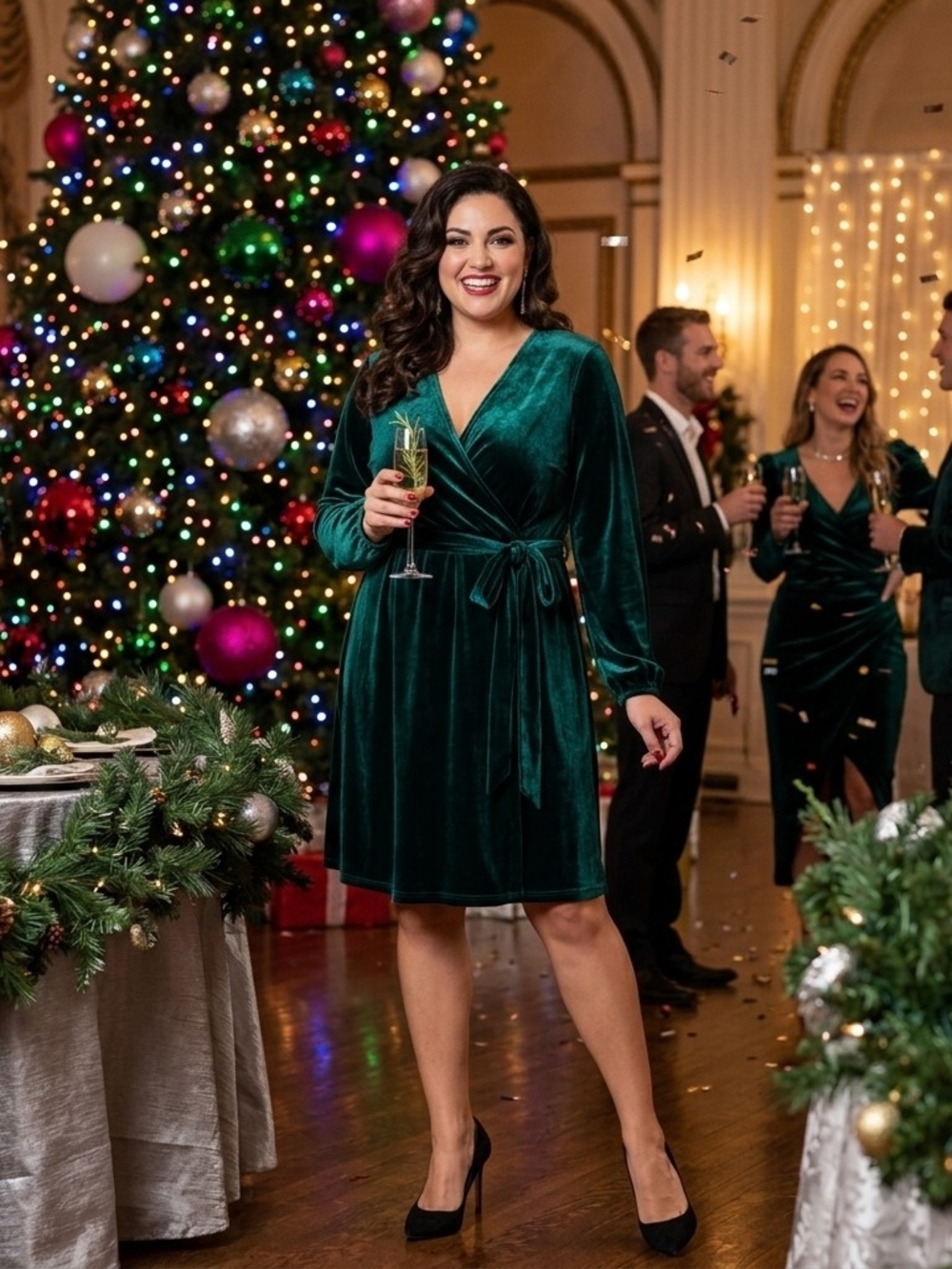Glamour Emerald Green Velvet Faux Wrap Dress Size 12